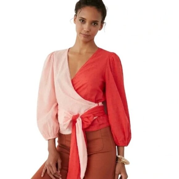 NWT Anthropologie Farm Rio Pink & Red Colorblock Wrap Blouse Top Size Medium JB - Picture 1 of 7